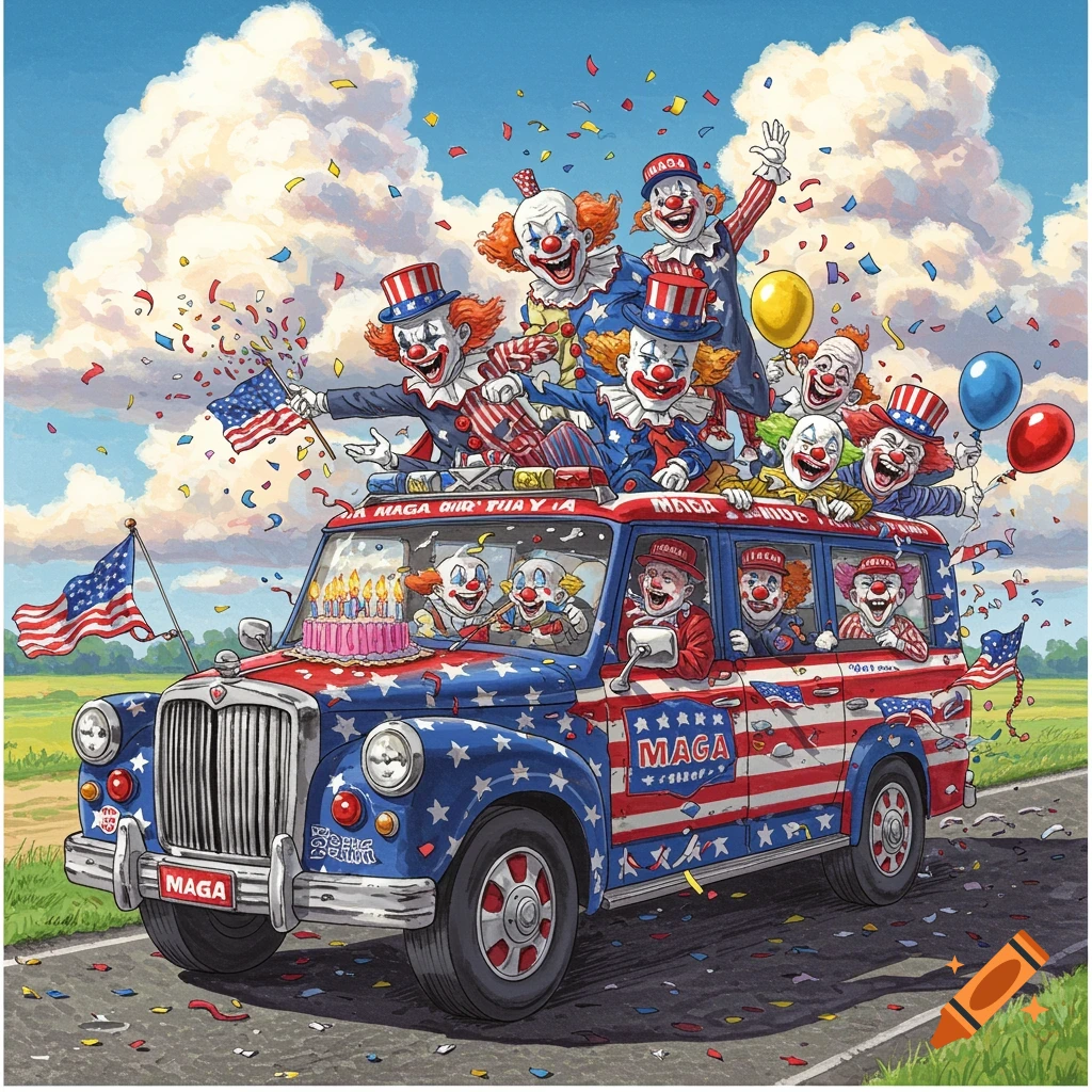 Cartoonish painting of clowns on a decorated car with confetti and balloons, featuring political slogans.