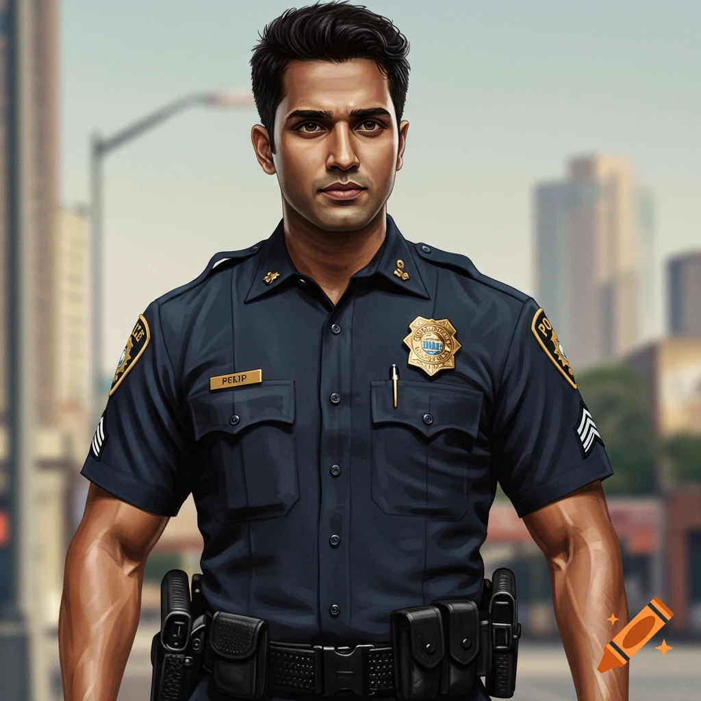 A young, muscular police officer in uniform stands in a city.