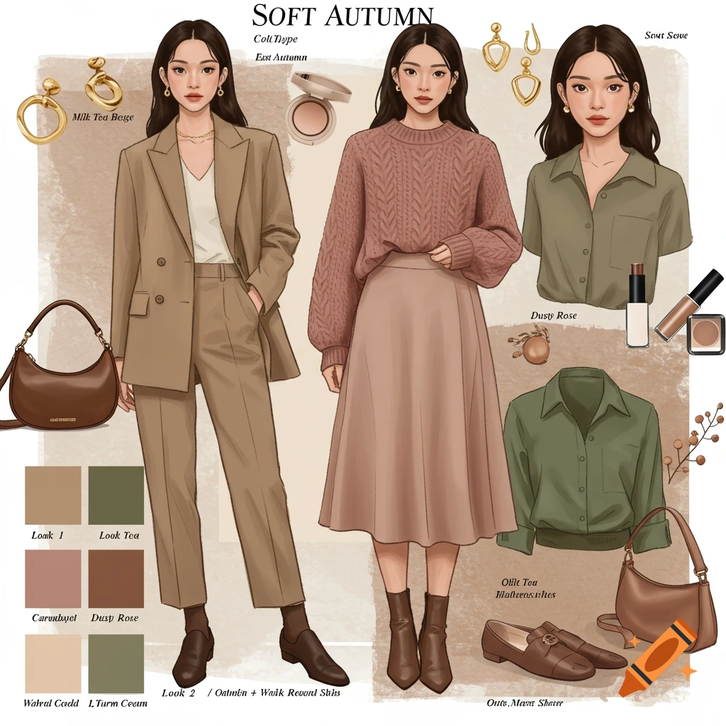 A fashion and makeup moodboard illustration featuring soft autumn outfits and color swatches.