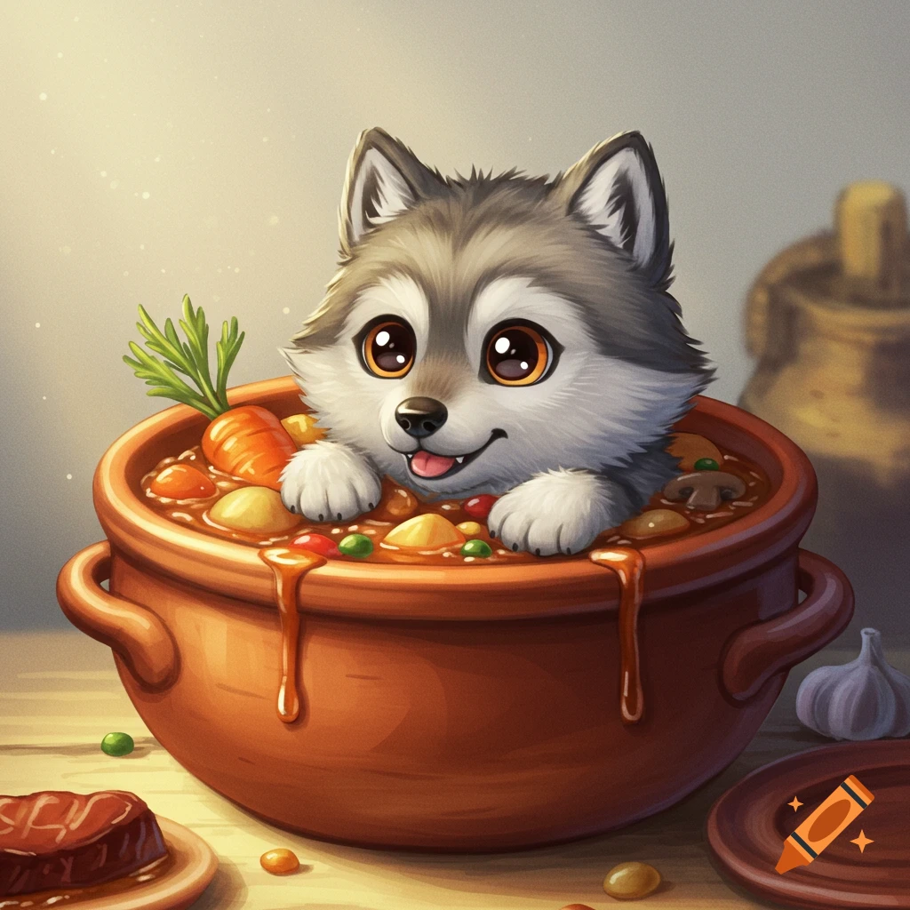 A cute cartoon wolf sits in a bowl of stew.