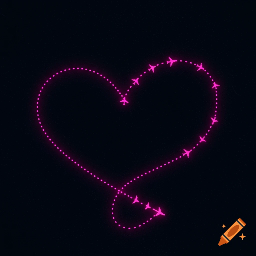 Pink dotted flight path in a heart shape with airplanes on a dark background.