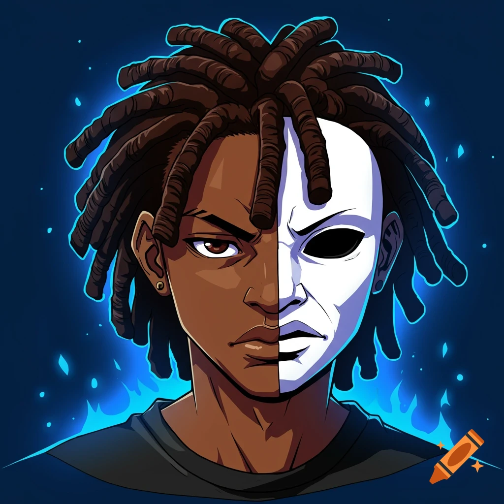 An anime-style portrait of a person with dreadlocks. One side shows their face, the other is covered by a white mask with a dark, empty eye socket. Blue light glows behind them.