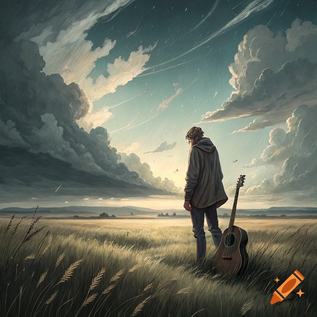 A person with a guitar stands in a field looking at a dramatic, stormy sky