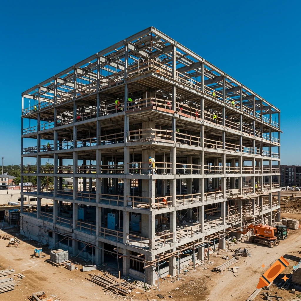 A large steel and concrete building under construction on a sunny day with workers and equipment.