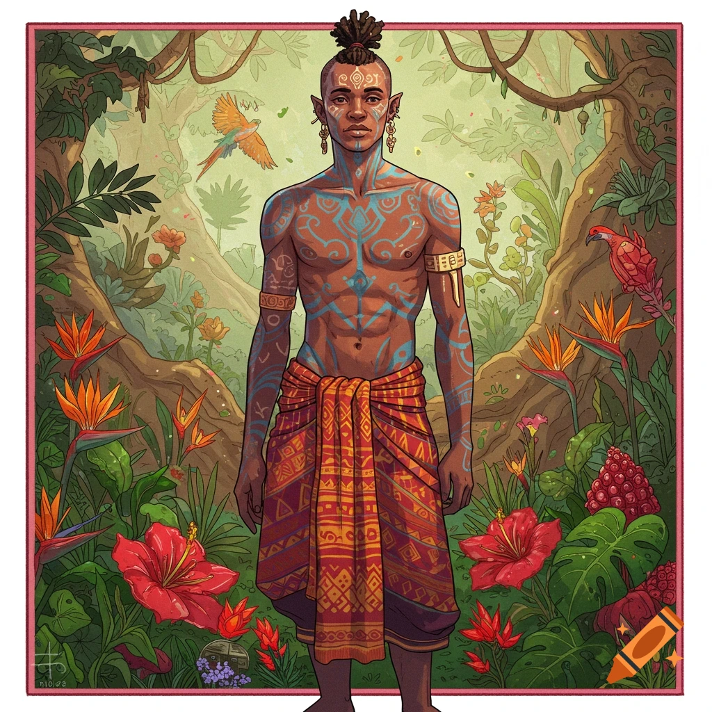 A man with blue body paint and tribal clothing stands in a lush jungle filled with birds and flowers.
