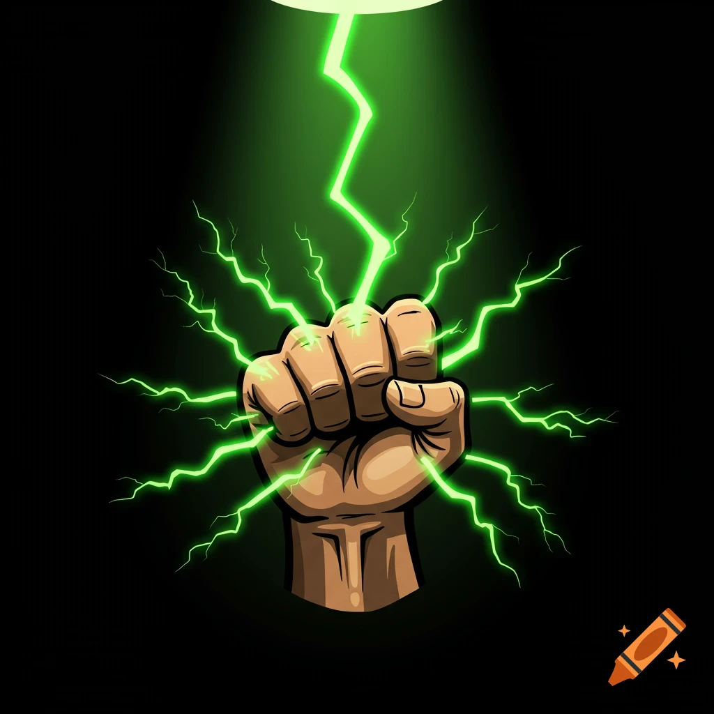 Illustration of a fist crackling with green lightning