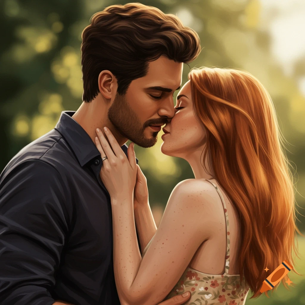 A man and woman about to kiss outdoors.