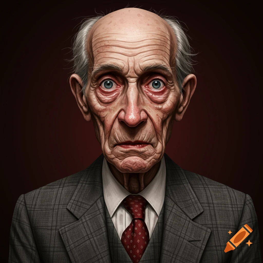 A close-up of an old man with heavily wrinkled skin, large blue eyes, and a suit and tie.