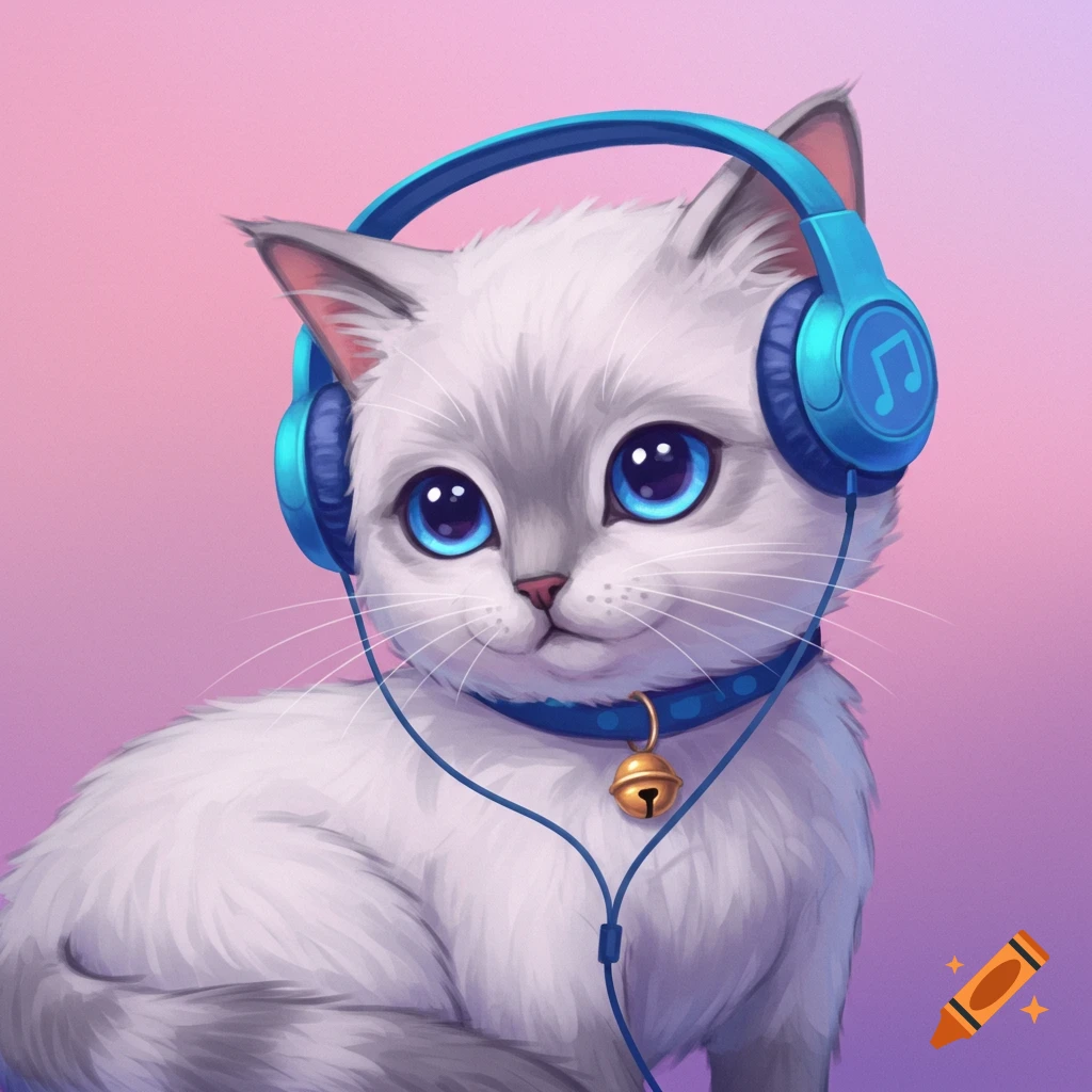 Cute image of a white cat with big blue eyes wearing blue headphones and a bell collar.