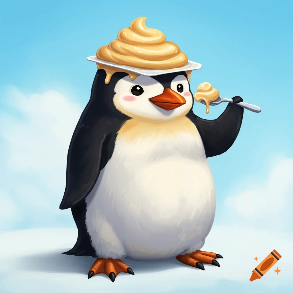 Cute cartoon penguin eating peanut yogurt with a spoon