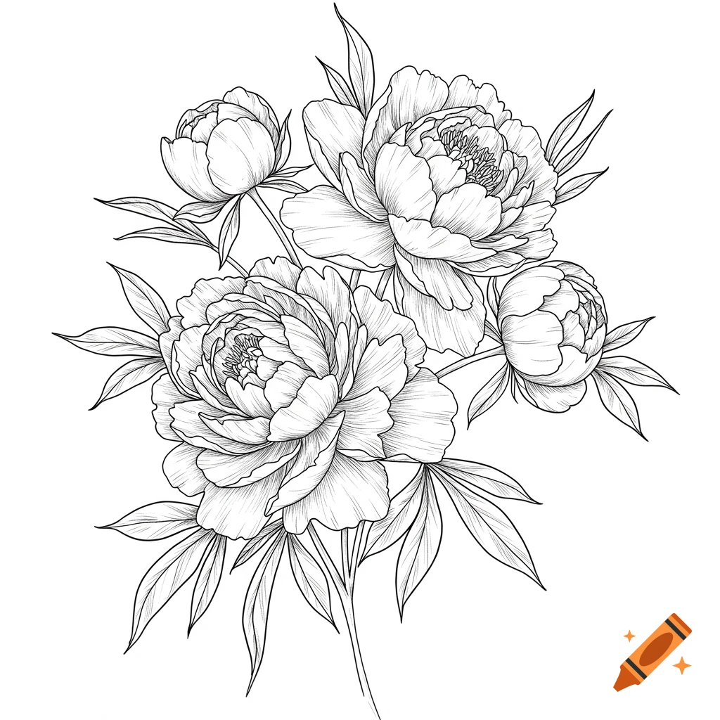 Black and white line drawing of peonies with leaves