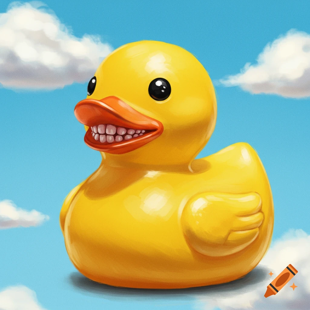 A yellow rubber duck with human teeth under a cloudy sky