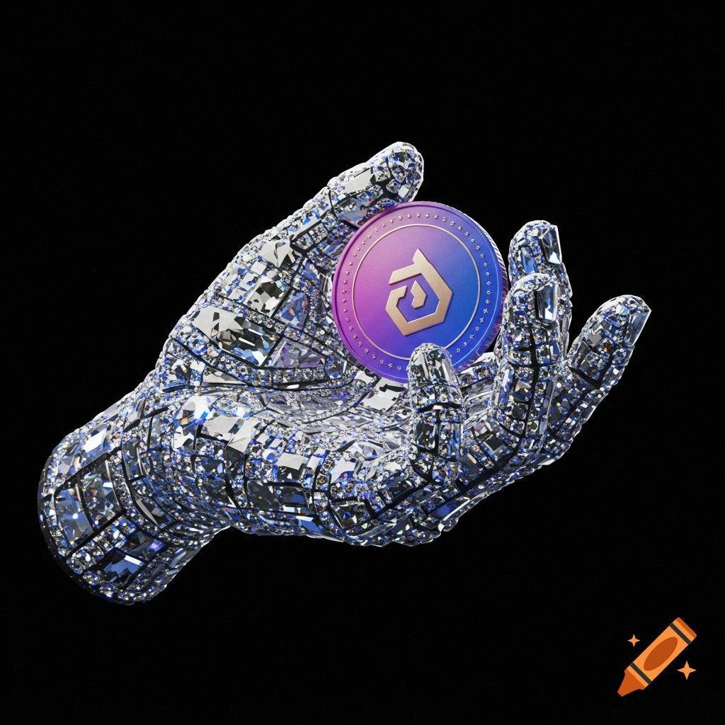 3D render of a hand made of diamonds holding a purple and blue cryptocurrency coin.