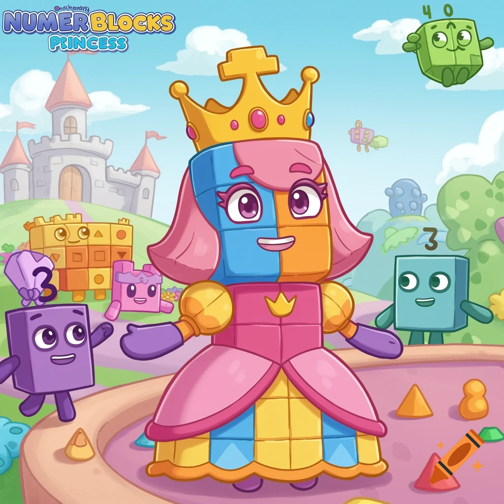 A cartoon image of Numberblocks Princess and other characters in a colorful landscape with a castle.