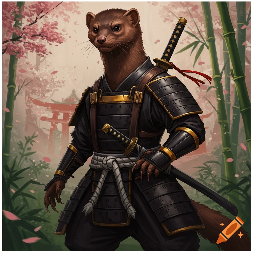 A weasel dressed in samurai armor stands in a Japanese forest with cherry blossoms and bamboo.