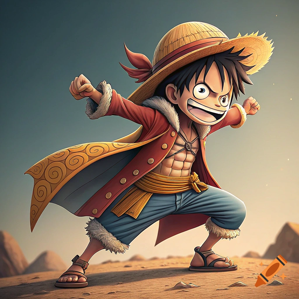 Anime character in a straw hat, red coat, and blue shorts stands in a dynamic pose on sandy ground.