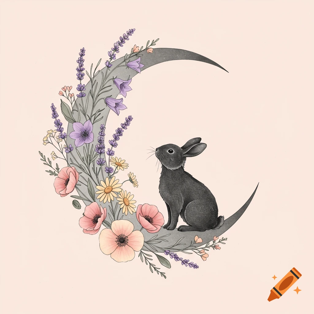 A drawing of a black bunny on a crescent moon surrounded by pastel flowers.