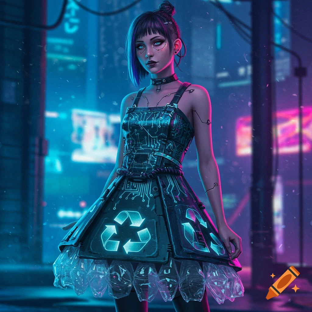 A woman in a cyberpunk style wears a dress with circuit patterns and recycling symbols, set against a neon city background.