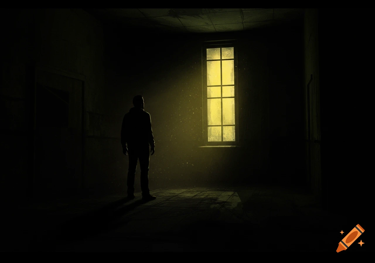 A shadowy man standing in a dark room looking at a bright window.