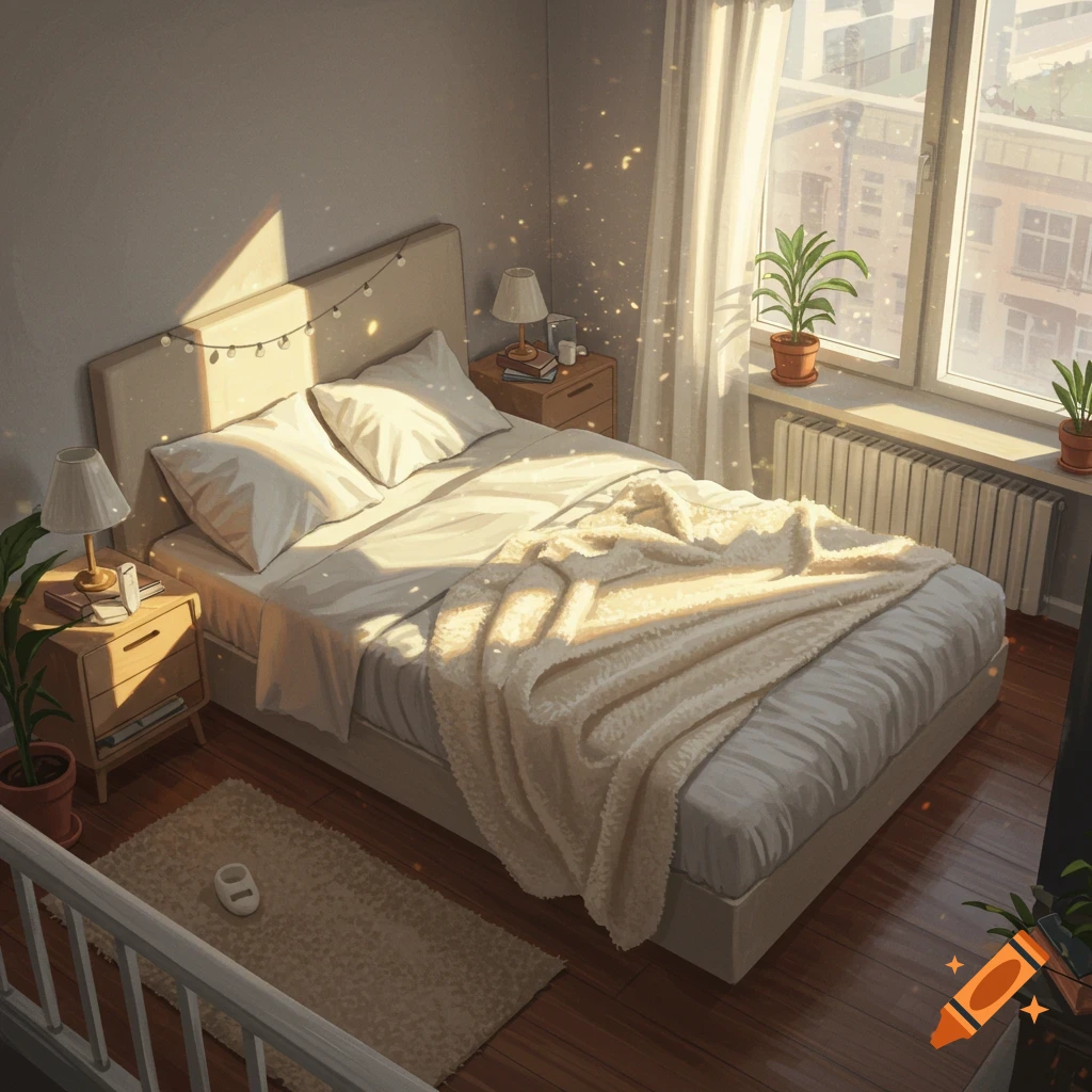 Cozy sunlit bedroom in a city apartment.