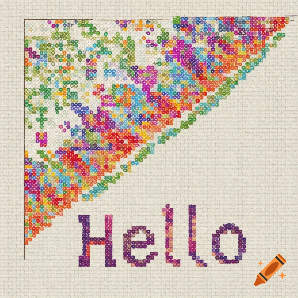 Colorful cross-stitch design with a triangle pattern and the word Hello below.