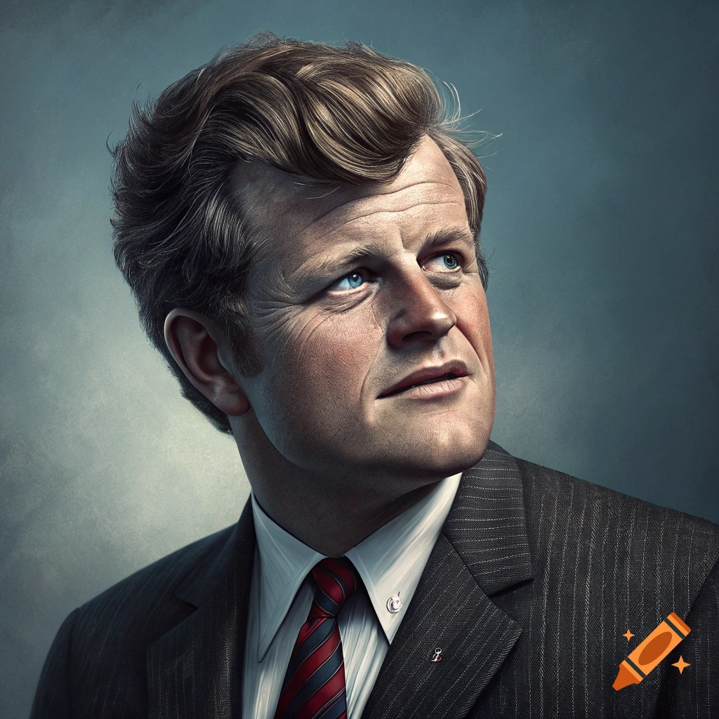 Portrait of a man resembling Ted Kennedy in a suit, looking up with dramatic lighting.