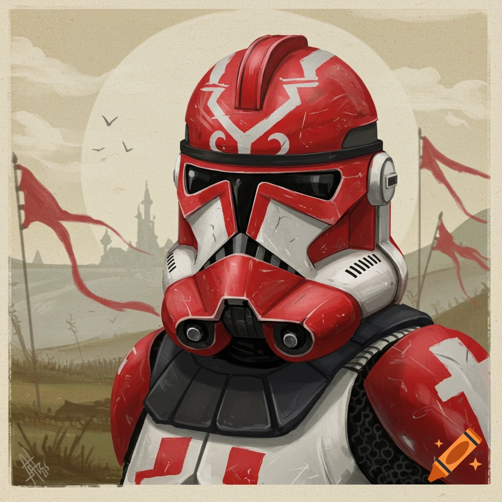 A red and white medieval-themed Star Wars clone trooper helmet with a background of flags and a castle.