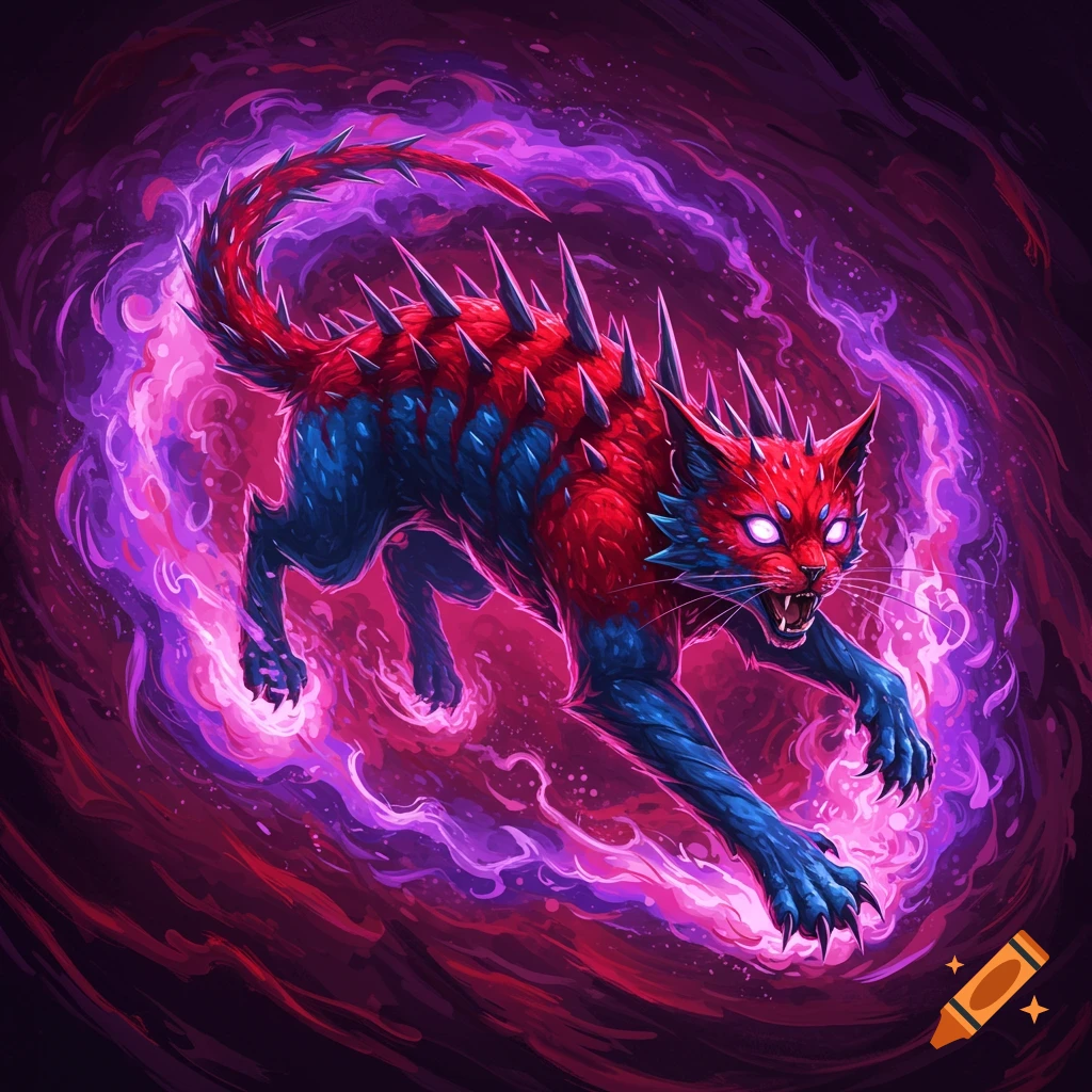 Red and blue spiked cat creature jumping through purple energy. Digital art.