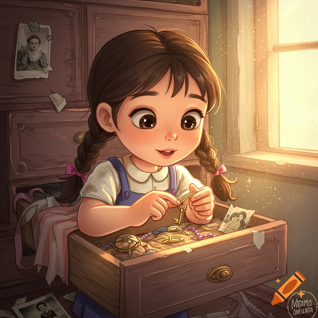 Illustration of a young girl with pigtails looking through old treasures in a drawer, bathed in warm light.