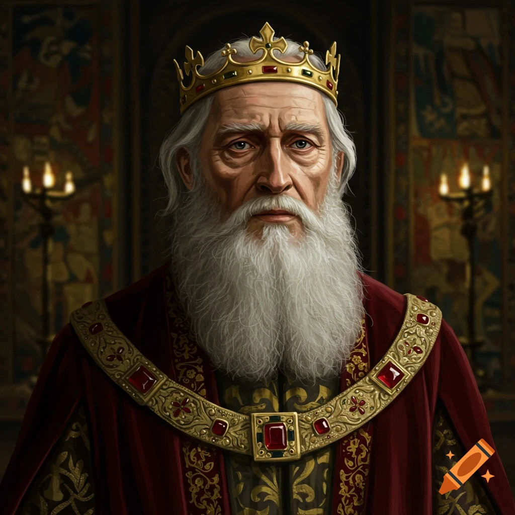 An old king with a long white beard, golden crown, and red royal robe in a hall.