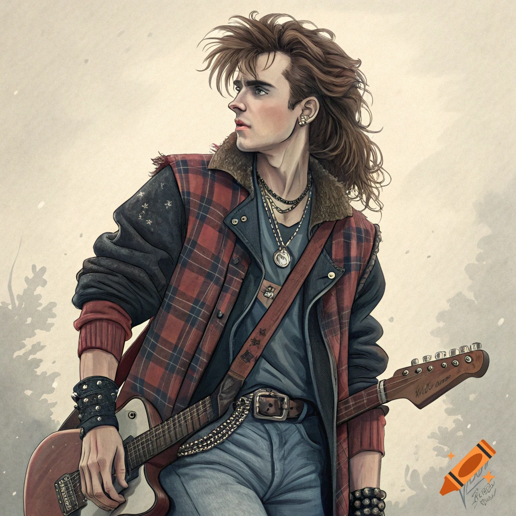 Stylized illustration of a man with a mullet in 90s alternative rock fashion, holding an electric guitar.