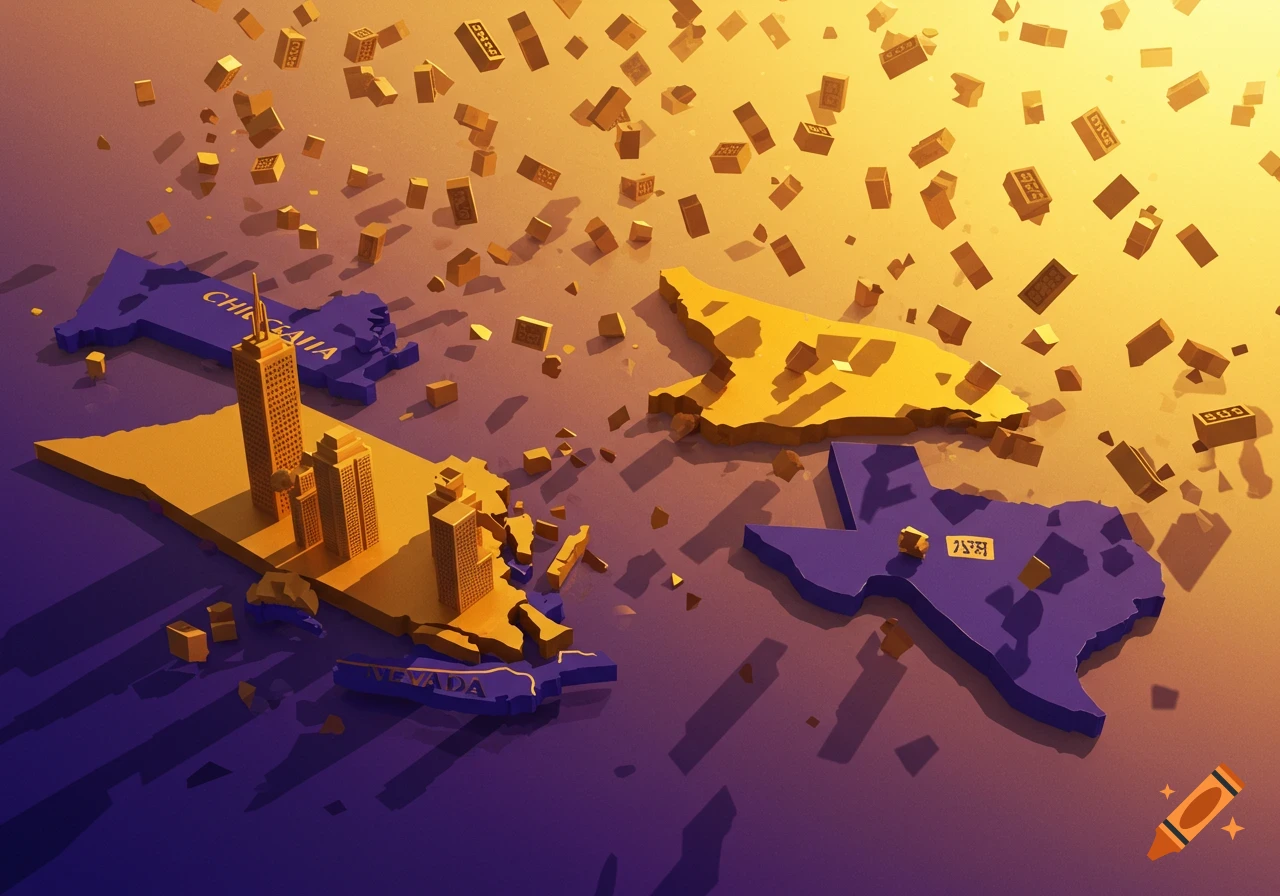 Shapes of states like Texas and Nevada with falling bricks and buildings, in gold and purple.