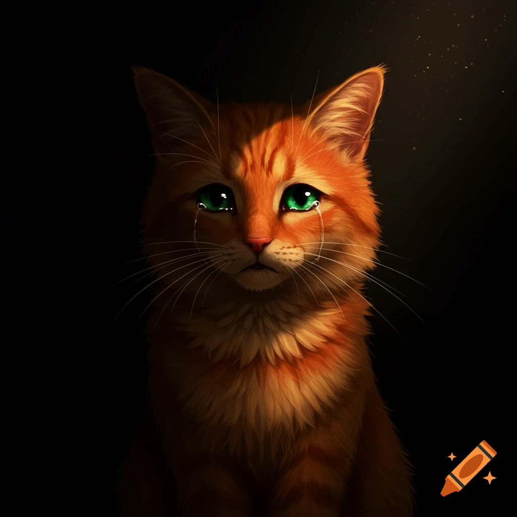 A sad orange cat with green eyes crying in a dark room