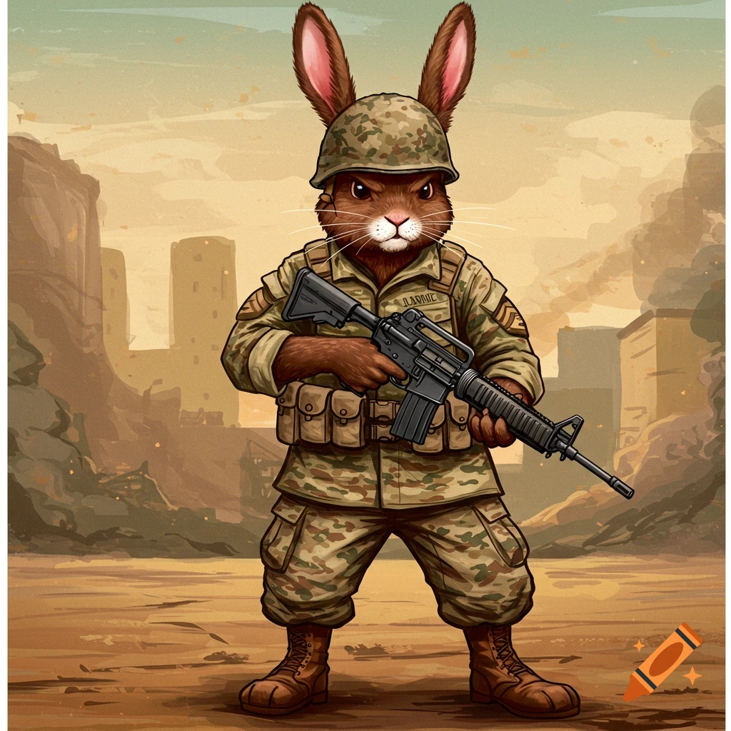 A rabbit in military uniform holding a rifle in a desert setting.