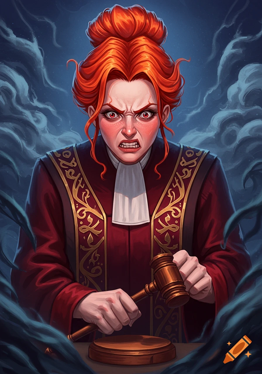 Angry woman judge in red robe holding a gavel.