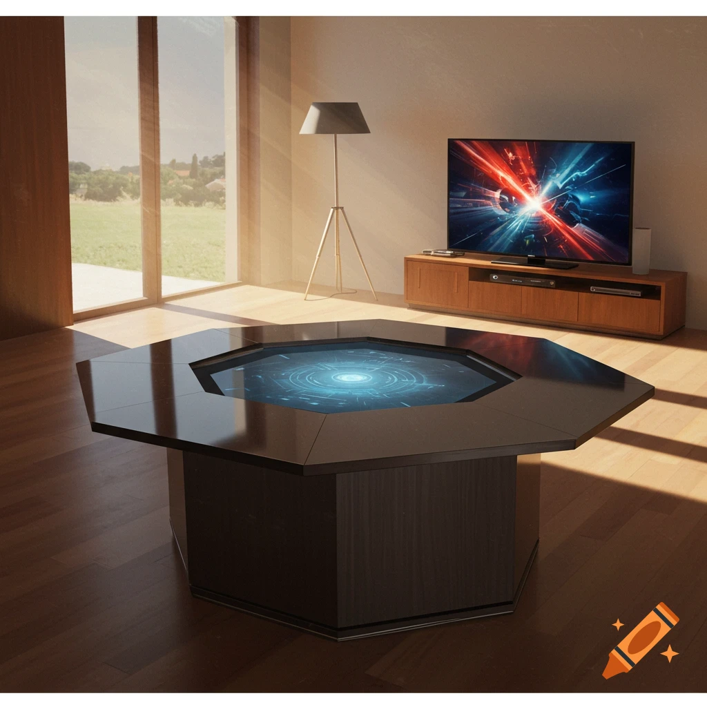 Modern room with octagon table featuring built-in display, large TV, and window view