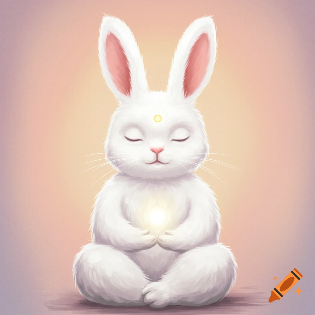 A white bunny meditating with glowing light