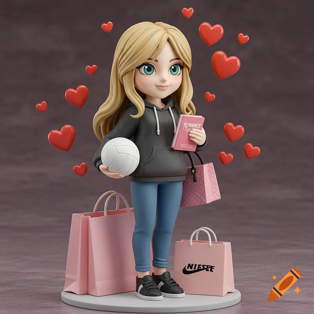 A cute, cartoonish figurine of a blond girl holding a volleyball and book, standing near shopping bags with floating hearts.