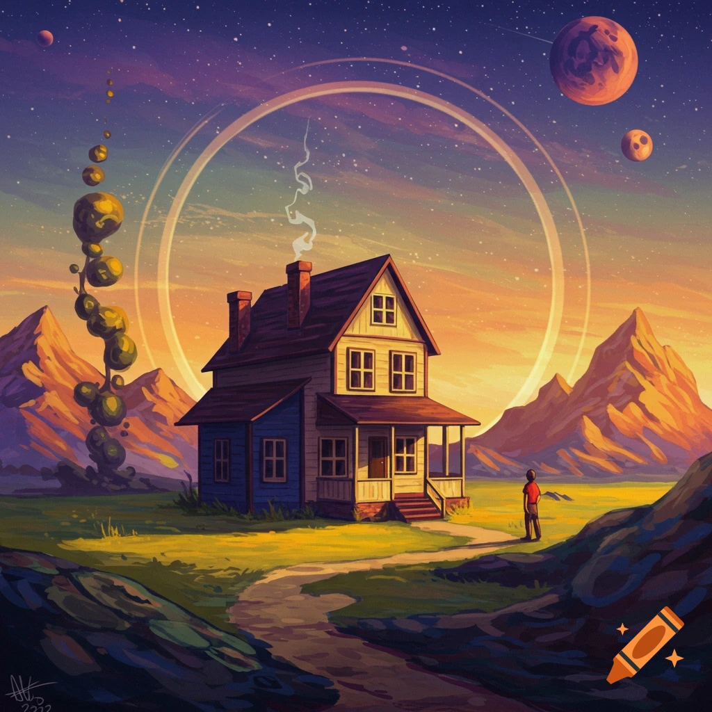 Surreal painting of a house in a strange landscape with a starry sky, planets, ring, mountains, and a person.