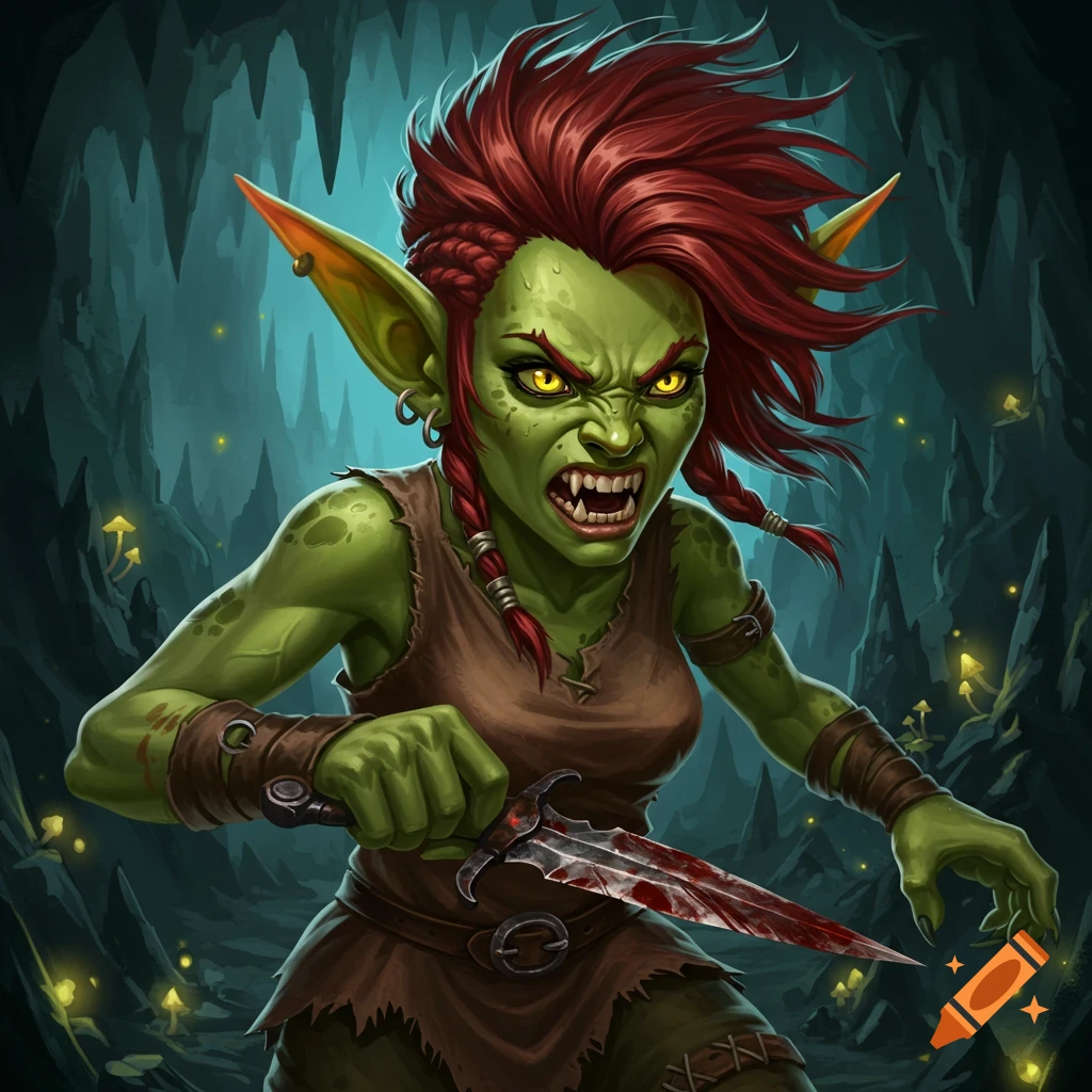 An angry goblin woman with red hair holding a bloody dagger in a cave.