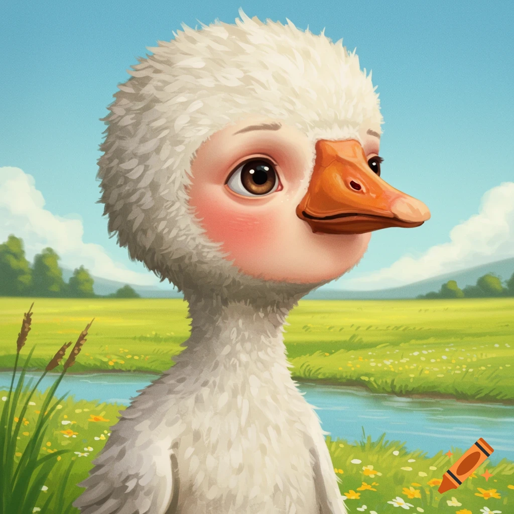 A whimsical, cartoonish creature with goose-like features and white feathers in a grassy meadow with a river.