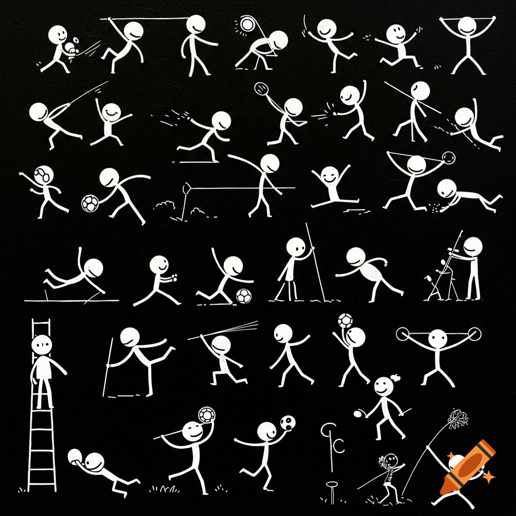 White stick figures on black background doing various sports and athletic activities.