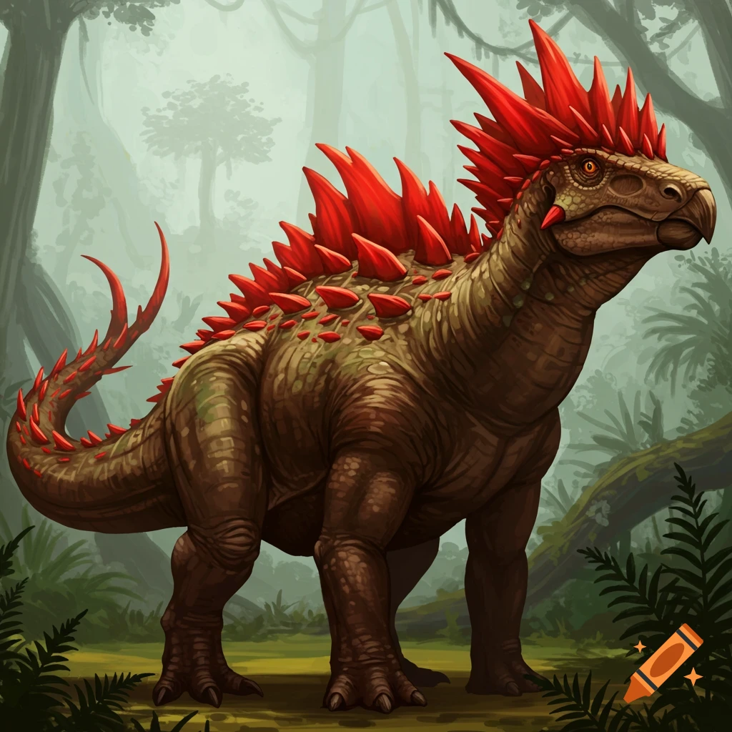 A creature resembling a dinosaur with red spikes on its head and back, standing in a jungle.