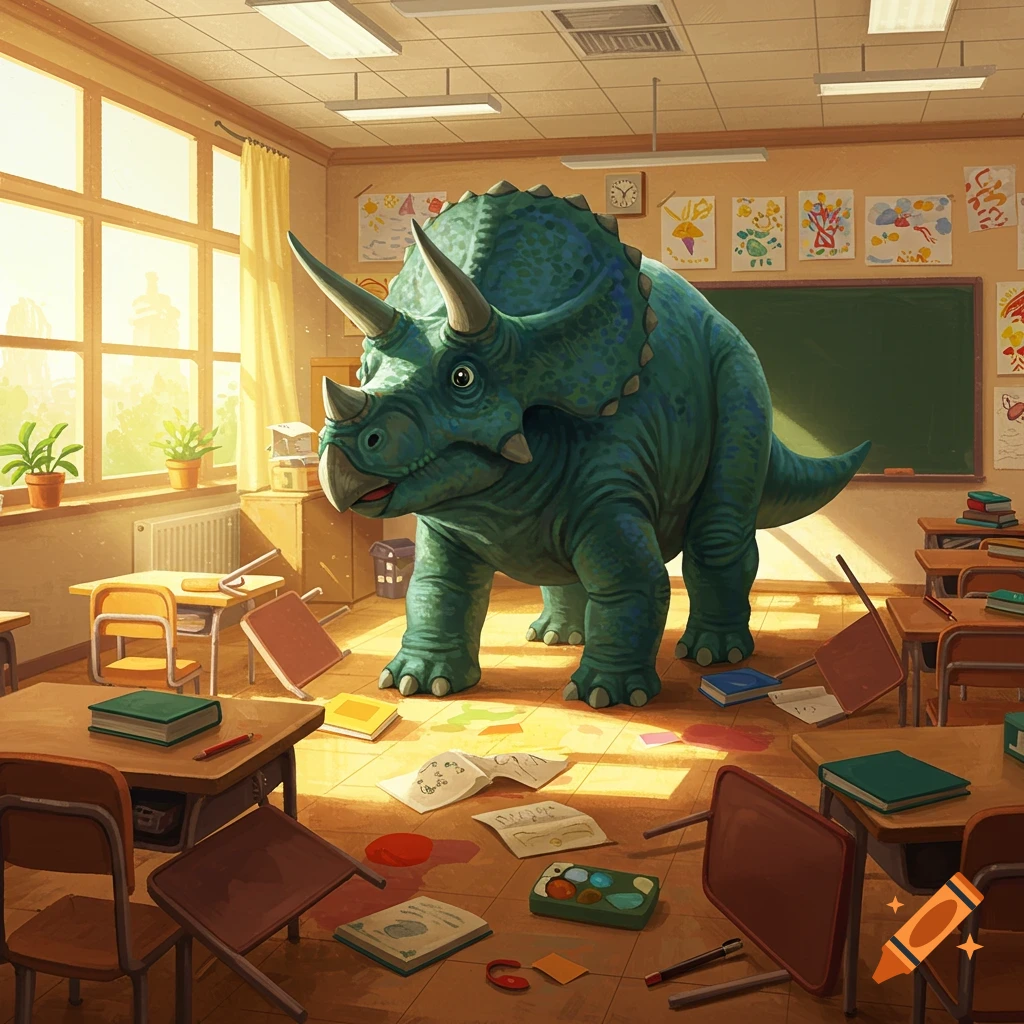 A large blue-green triceratops dinosaur stands in a messy classroom filled with desks and papers.