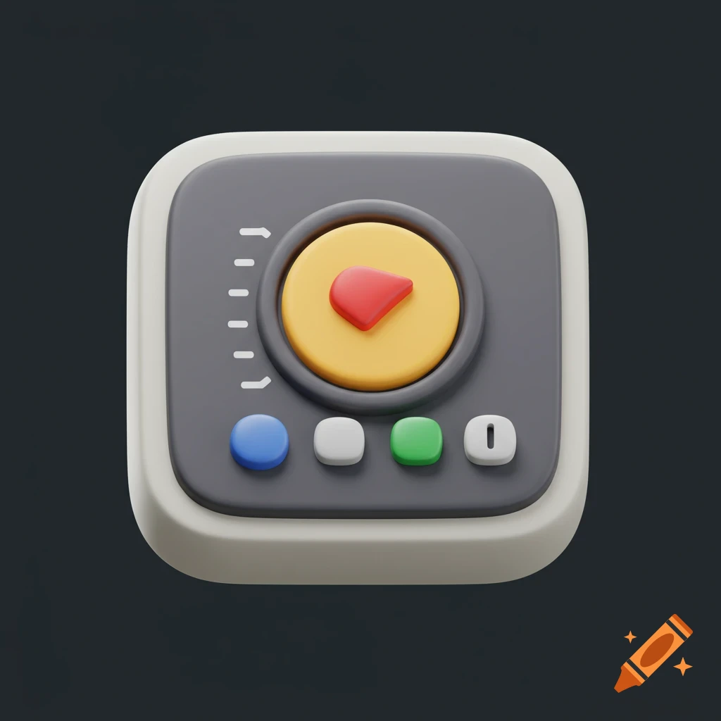 A 3D rendered retro-style square app icon resembling an electronic device with buttons.