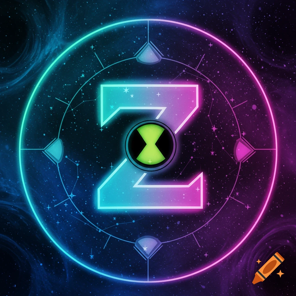 A stylized letter Z logo with a glowing neon outline and the Ben 10 Omnitrix symbol inside, set against a starry space background.