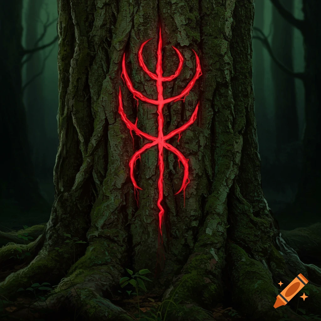 A glowing red creepy symbol carved into a dark tree trunk in a forest.