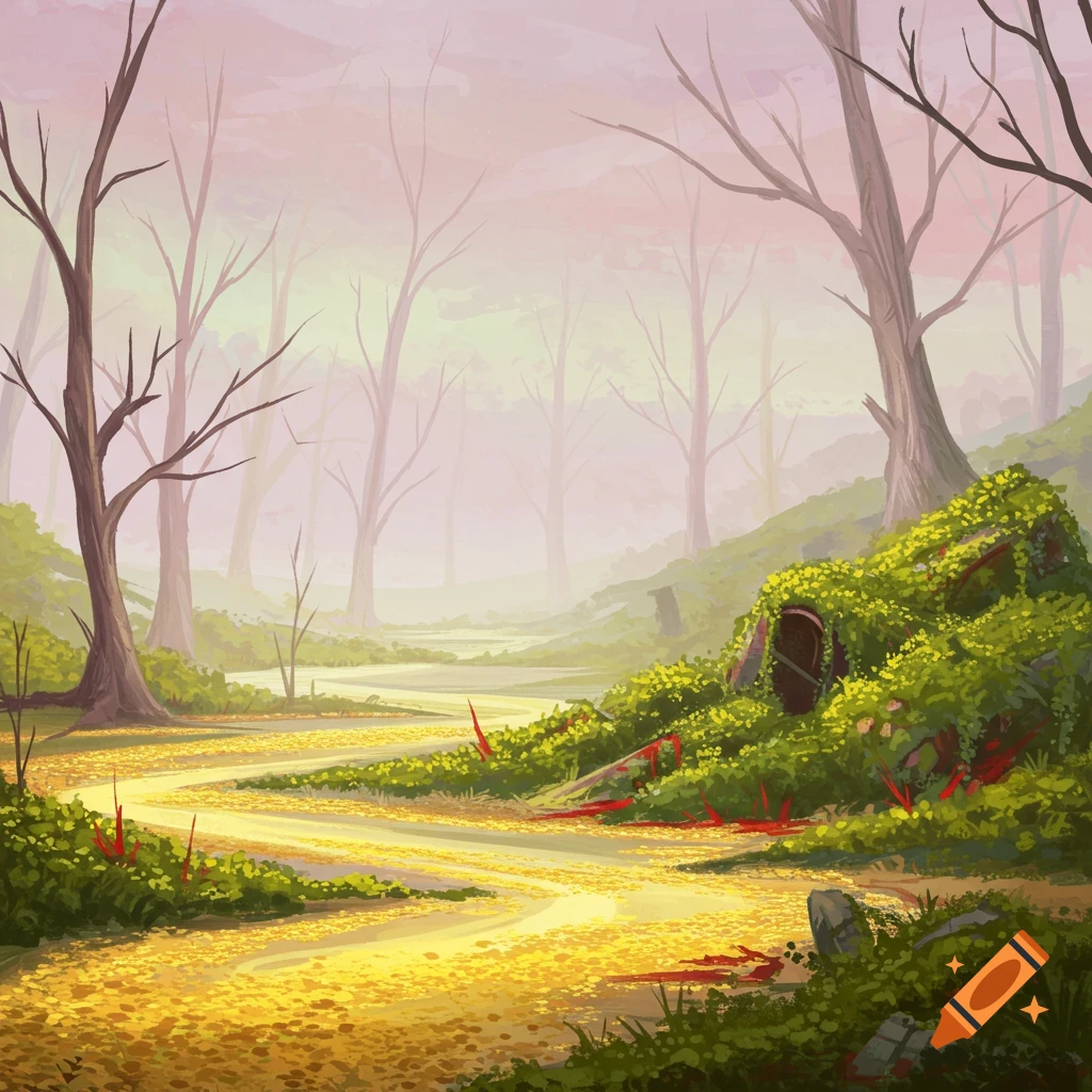 A misty fantasy forest with bleached trees, a pollen path, and ivy-covered ruins with red trickles.