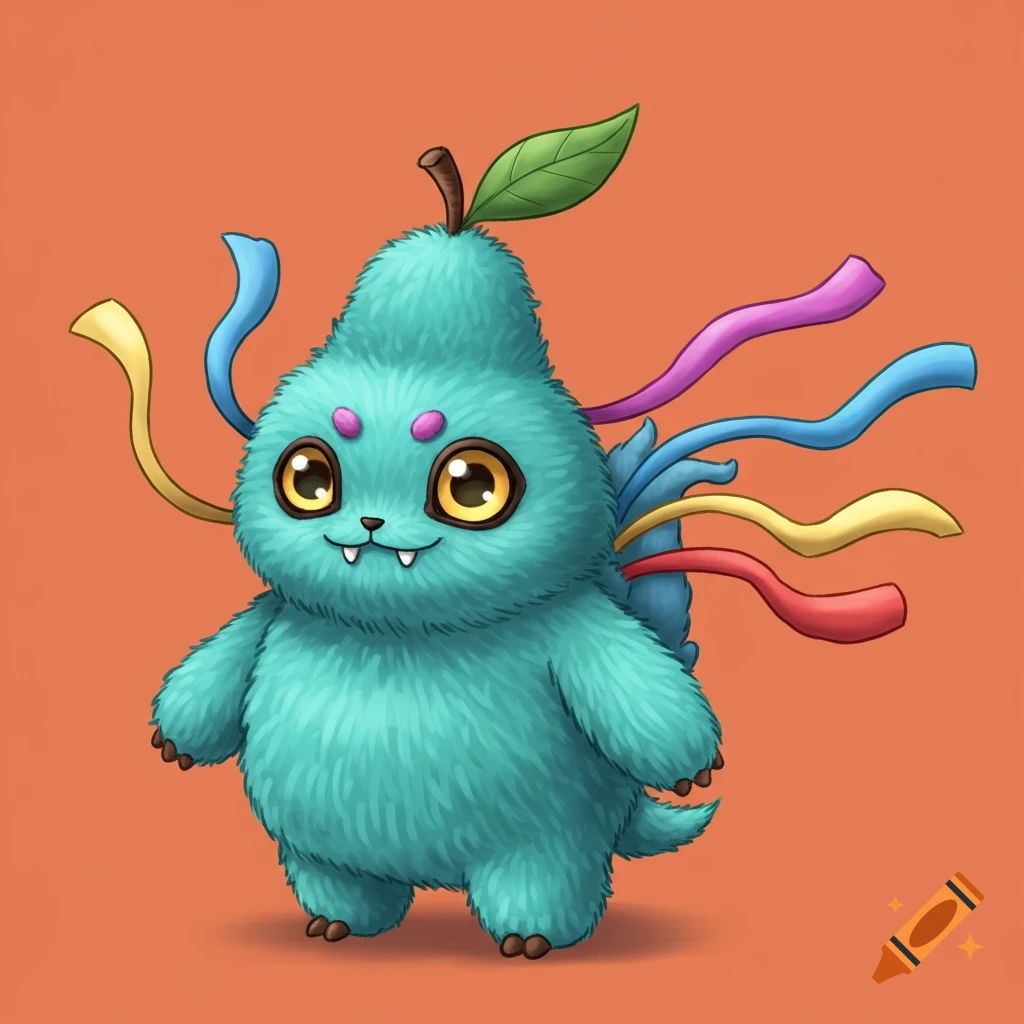 Cute furry teal monster with big eyes, fangs, a leaf on its head, and colorful ribbons on an orange background.