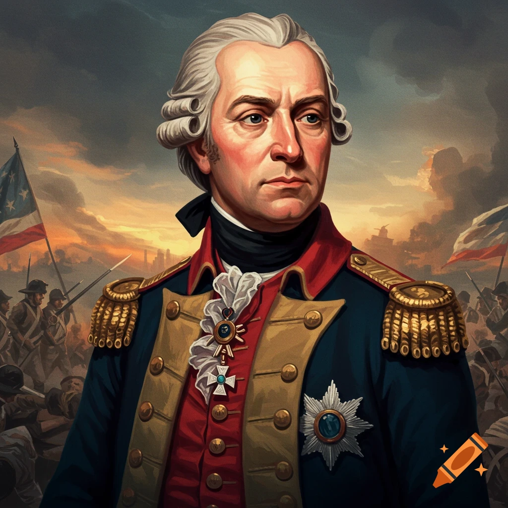 A man in a historical military uniform with soldiers and flags in the background.